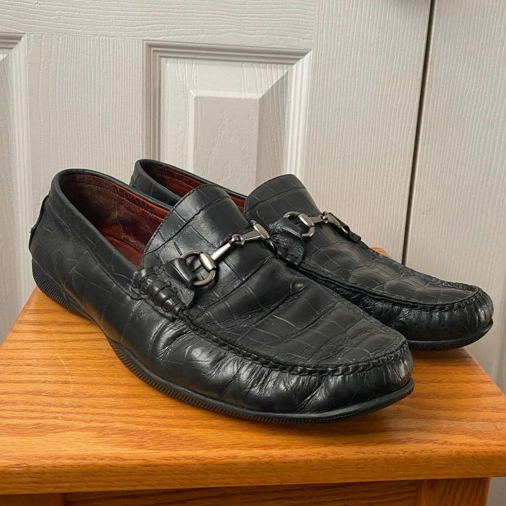 Peter Millar Black Croc Embossed Leather Horse Bit Driving Loafers SZ 12M